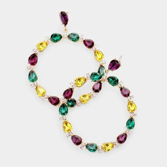 Mardi Gras Teardrop Stone Open Circle Earrings - Picture 3 of 5